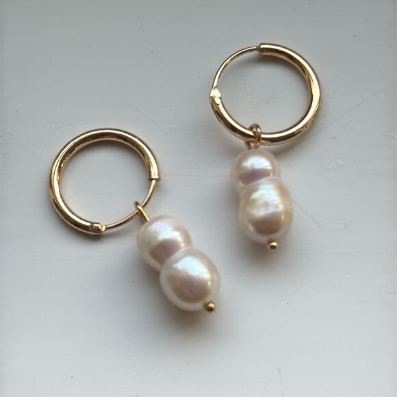 Men’s Twin Pearl Gold Hoop Earrings Genuine Cultured Double Pearl Drop Hoops New - Picture 1 of 6